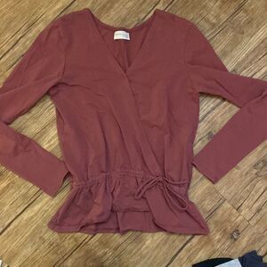 Elegantees Women's Sewn To Restore Long Sleeve Wrap Tee Shirt Maroon Size Small